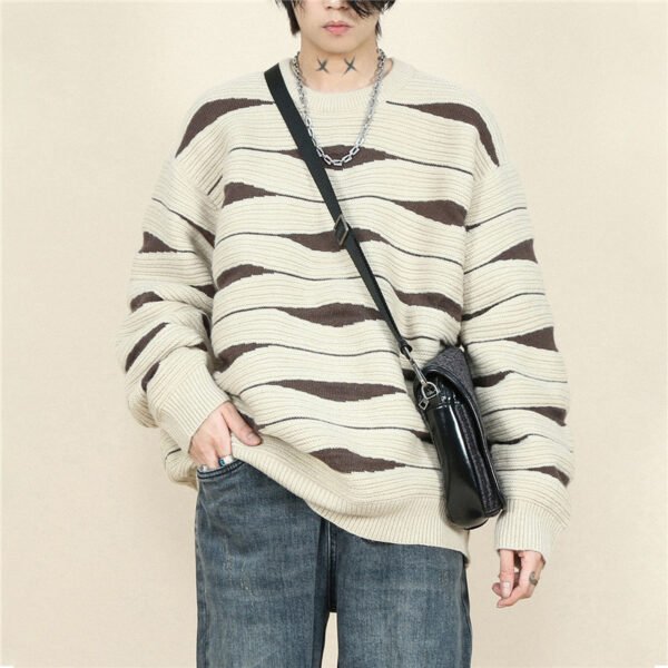 Custom Irregular Stripe Crewneck Knit Sweater - Style BCE0C4 Beige and brown wavy stripe knit crewneck sweater