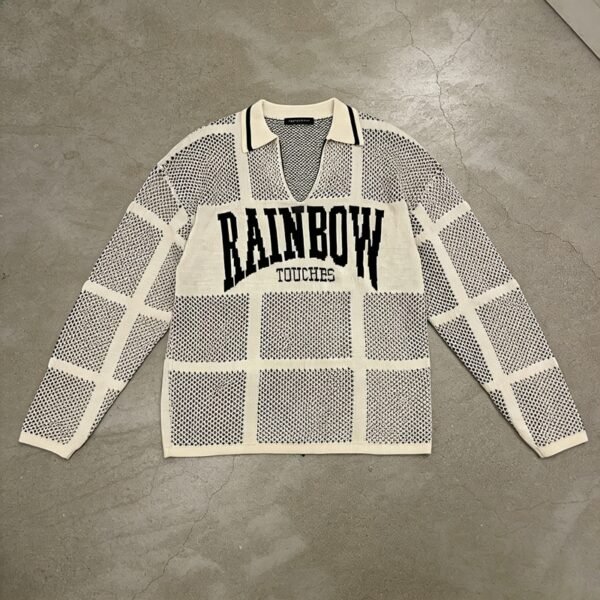 Custom Jacquard Grid Mesh Polo Sweater - Style 9F6E4F Custom Jacquard Grid Mesh Polo Sweater - Style 9F6E4F