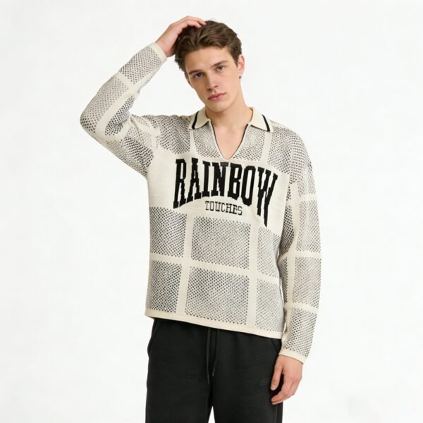 Custom Jacquard Grid Mesh Polo Sweater - Style 9F6E4F - product detail view 6 Custom Jacquard Grid Mesh Polo Sweater - Style 9F6E4F - product detail view 6