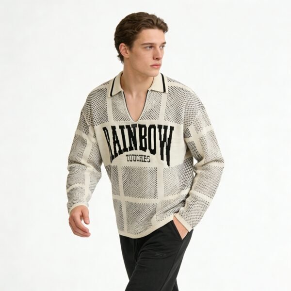Custom Jacquard Grid Mesh Polo Sweater - Style 9F6E4F - product detail view 7 Custom Jacquard Grid Mesh Polo Sweater - Style 9F6E4F - product detail view 7