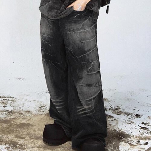 Vintage wash wide leg jeans with panel print
