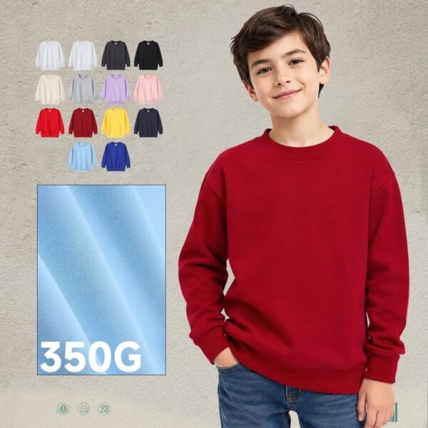 Custom Kids Heavy Fleece Applique Sweatshirt A01 - Style 64E9A2 Young boy wearing a plain red crewneck fleece sweatshirt.