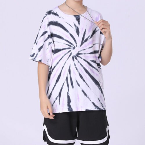 Custom Kids Oversized Spiral Tie-Dye T-Shirt - Style D50AA1 Kid wearing oversized spiral tie-dye t-shirt