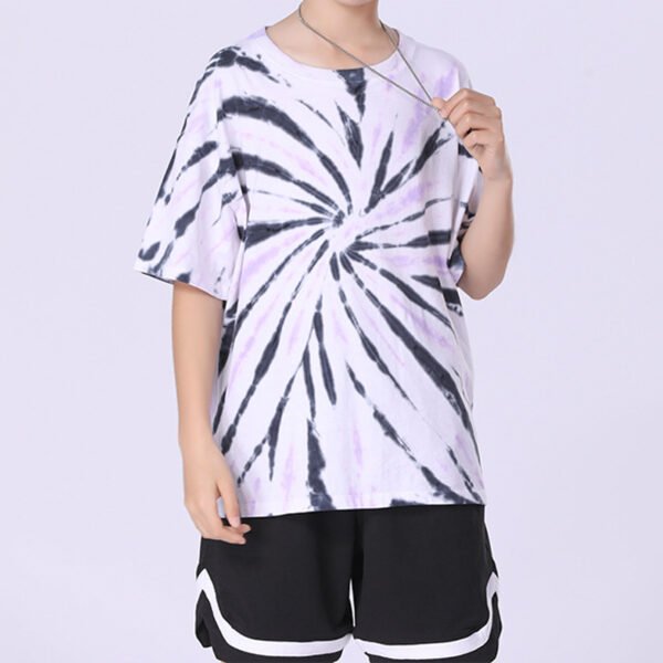 Custom Kids Oversized Spiral Tie-Dye T-Shirt - Style D50AA1 Kid wearing oversized spiral tie-dye t-shirt