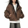 Custom Vintage-Washed Layered Hood PU Jacket MY8011 - Style 211924 Brown vintage-washed hooded bomber jacket