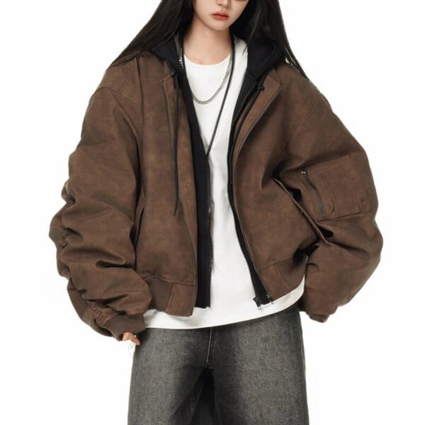 Custom Vintage-Washed Layered Hood PU Jacket MY8011 - Style 211924 - product detail view 2 Custom Vintage-Washed Layered Hood PU Jacket MY8011 - Style 211924 - product detail view 2