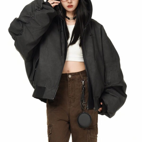 Custom Vintage-Washed Layered Hood PU Jacket MY8011 - Style 211924 - product detail view 5 Custom Vintage-Washed Layered Hood PU Jacket MY8011 - Style 211924 - product detail view 5