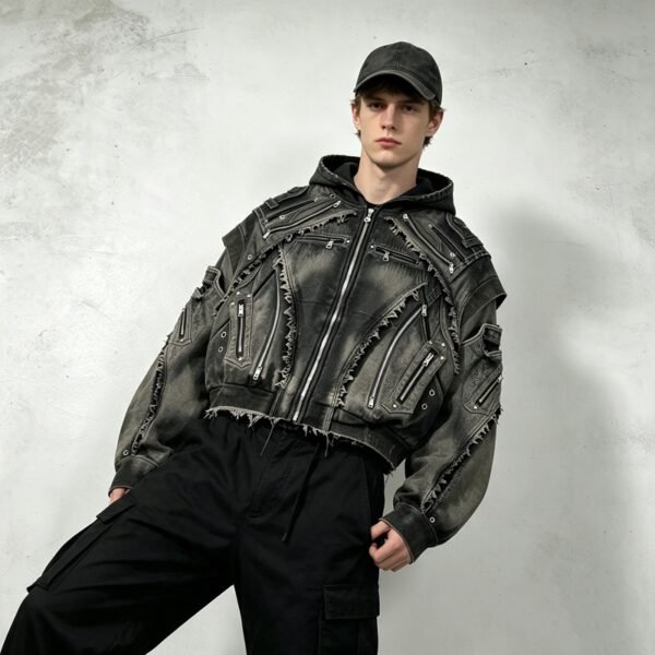 Custom Washed Layered Multi-Zip Cropped Hoodie - Style FF9CA9 - product detail view 7