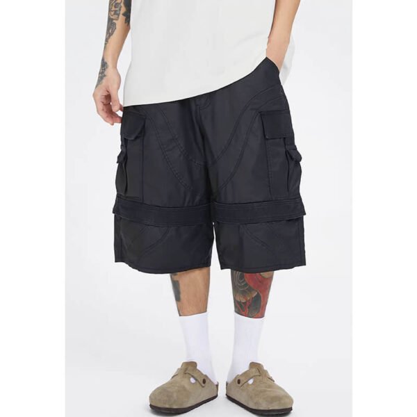 Custom Layered Panel Cargo Shorts - Style 622956 Black layered panel cargo shorts with multiple pockets
