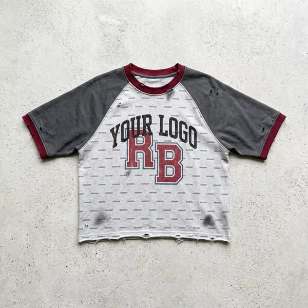 Custom Distressed Layered Raglan Cropped T-Shirt - Style 4A6F98 - product detail view 2