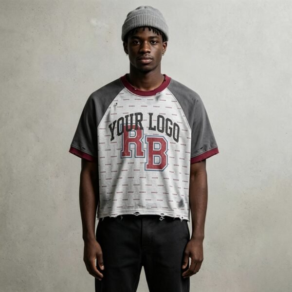 Custom Distressed Layered Raglan Cropped T-Shirt - Style 4A6F98 - product detail view 6