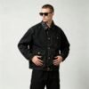 Custom Leather Collar Canvas Utility Jacket - Style 5E2A9B Black denim utility jacket with leather collar and four pockets