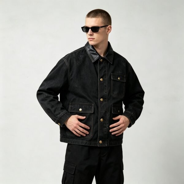 Custom Leather Collar Canvas Utility Jacket - Style 5E2A9B Black denim utility jacket with leather collar and four pockets