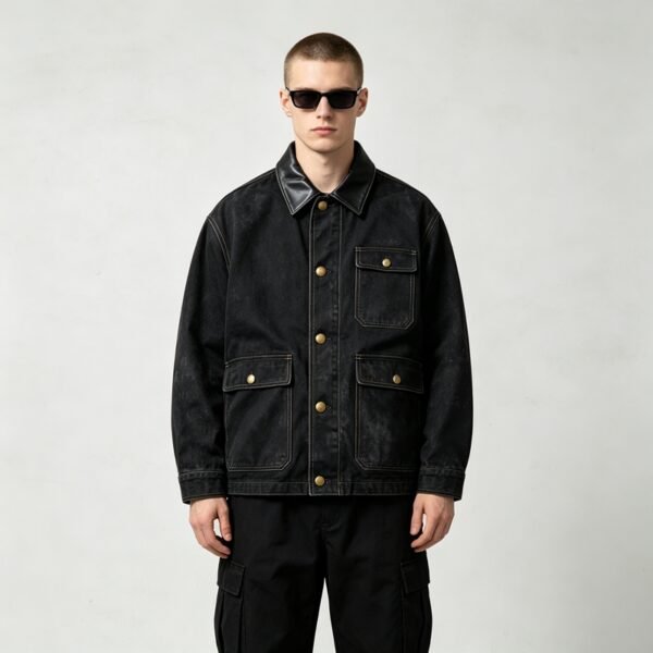 Custom Leather Collar Canvas Utility Jacket - Style 5E2A9B - product detail view 4 Custom Leather Collar Canvas Utility Jacket - Style 5E2A9B - product detail view 4
