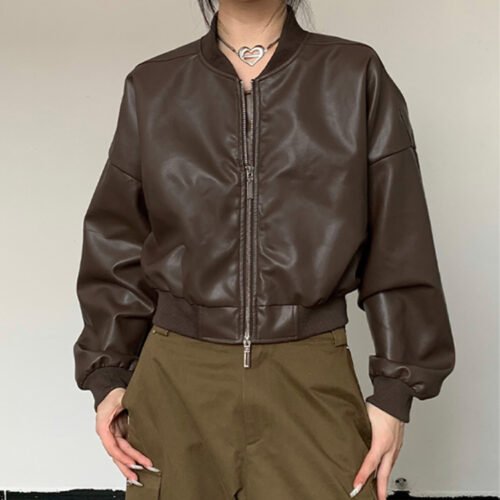 Custom Brown Leather-Look Bomber Jacket - Style A6DBDC Brown faux leather bomber jacket