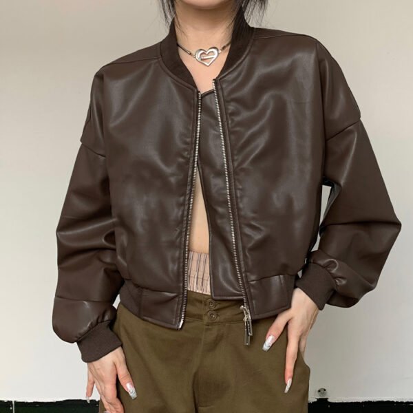 Custom Brown Leather-Look Bomber Jacket - Style A6DBDC - product detail view 2 Custom Brown Leather-Look Bomber Jacket - Style A6DBDC - product detail view 2