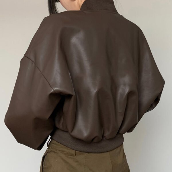 Custom Brown Leather-Look Bomber Jacket - Style A6DBDC - product detail view 3 Custom Brown Leather-Look Bomber Jacket - Style A6DBDC - product detail view 3
