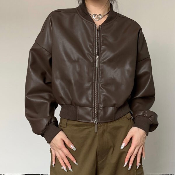 Custom Brown Leather-Look Bomber Jacket - Style A6DBDC - product detail view 5 Custom Brown Leather-Look Bomber Jacket - Style A6DBDC - product detail view 5