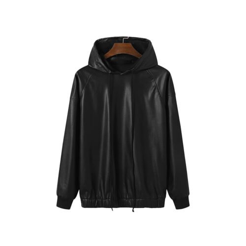 Custom Black Leather-Look Pullover Hoodie | 97B3 - Style 97B361 Black faux leather pullover hoodie with drawcord hood