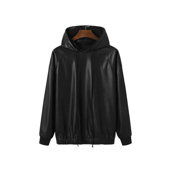 Custom Black Leather-Look Pullover Hoodie | 97B3 - Style 97B361 Black faux leather pullover hoodie with drawcord hood