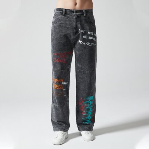 Custom Vintage Washed Letter Print Denim Jeans - Style B52FDD Vintage washed denim jeans with graphic letter prints