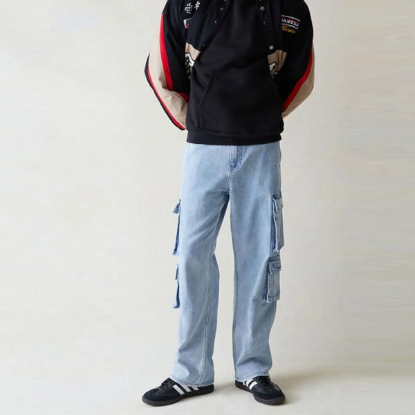 Man wearing custom light blue multi-pocket utility pants