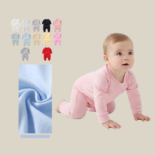 Custom Lightweight Long-Sleeve Baby Romper - Style C29311 Baby crawling in a pink long-sleeve romper with fabric swatch