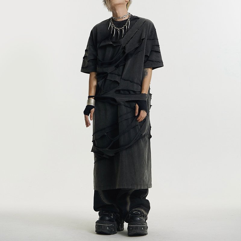 Distressed dark grey layered longline t-shirt
