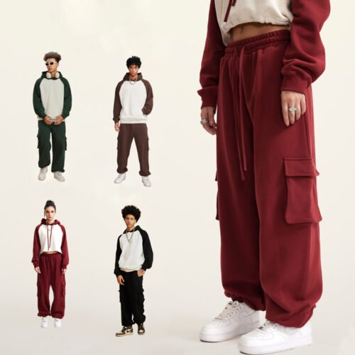 Custom Loose Drawstring Cargo Jogger Pants - Style 4F4148 Collage of people wearing maroon and green color-block jogger pants
