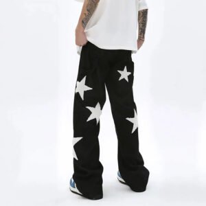 Black loose-fit skate pants with white star embroidery