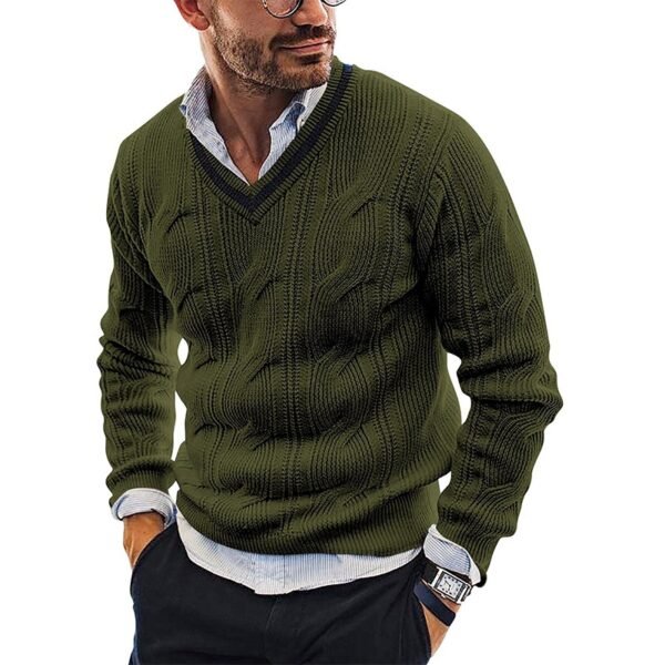 Custom Men's Cable Knit V-Neck Sweater - Style 9B54FE Man wearing olive green cable knit v-neck sweater
