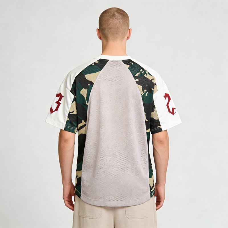 Camouflage streetwear jersey with mesh panel and burgundy numbers
