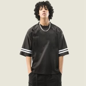 Black mesh v-neck jersey with white stripe sleeves