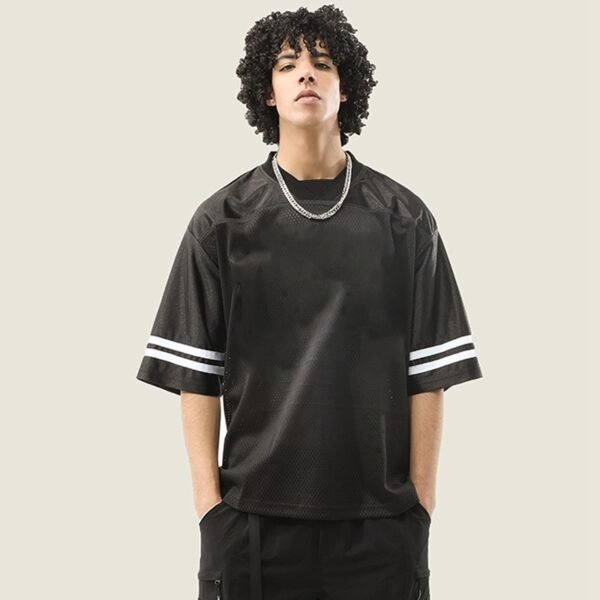 Custom 240 GSM Mesh V-Neck Stripe Sleeve Jersey | VW-JR240 - Style 412EB5 Black mesh v-neck jersey with white stripe sleeves