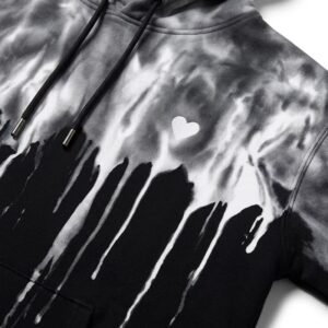 Grey and black tie-dye hoodie with heart embroidery
