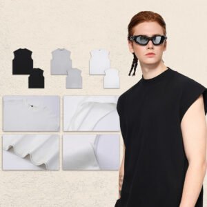 Man wearing a black oversized mock-neck tank top with inset images