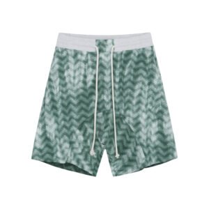 Green mottled knit drawstring shorts with chevron pattern