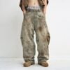 Custom Mud-Washed Curved-Leg Jeans | VW-716BD - Style 716BD7 Light brown mud-washed baggy fit curved-leg jeans with distressed details.