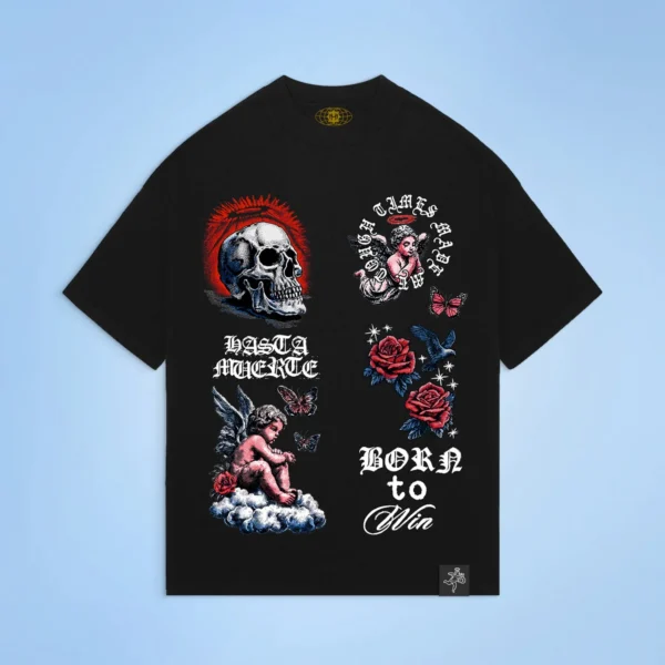 Custom Multi-Motif Graphic Crew Tee - VW-B4DEE54B - Style B4DEE5 Black graphic t-shirt with cherub, skull, and rose designs.