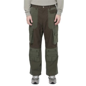 Olive green and brown contrast panel cargo pants with multiple pockets