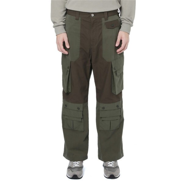 Custom Multi-Pocket Contrast Panel Cargo Pants | VW-6CF37E9A - Style 6CF37E Olive green and brown contrast panel cargo pants with multiple pockets