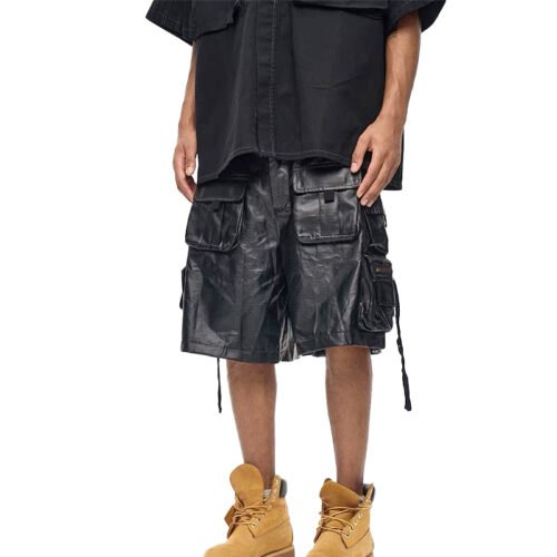 Custom Multi-Pocket Cargo Utility Shorts - Style 48C417 Men's black multi-pocket utility cargo shorts with drawstrings