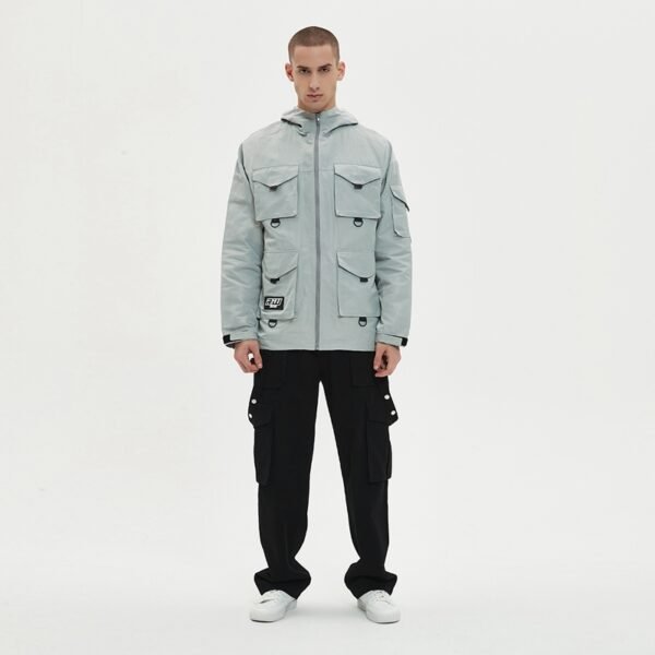 Custom Multi-Pocket Hooded Utility Jacket - Style 034D13 Light grey hooded utility jacket with multiple pockets