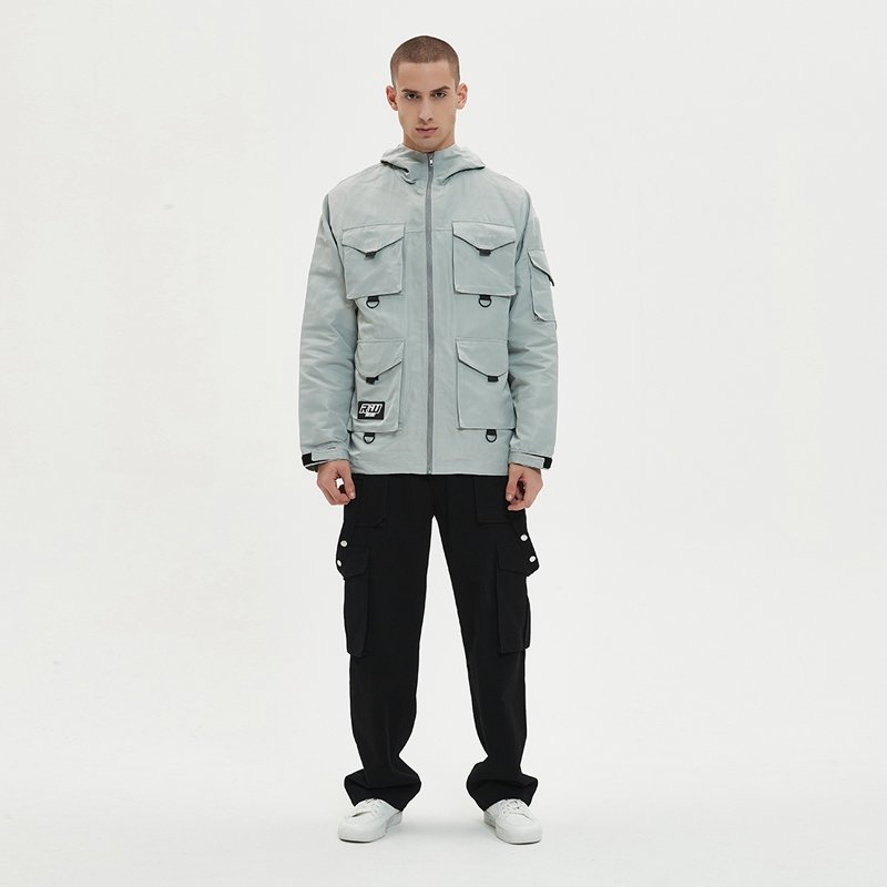 Light grey hooded utility jacket with multiple pockets