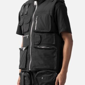 Black utility vest with multiple pockets and zip-front closure