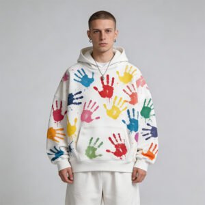 White oversized pullover hoodie with all-over multicolor handprint graphics.