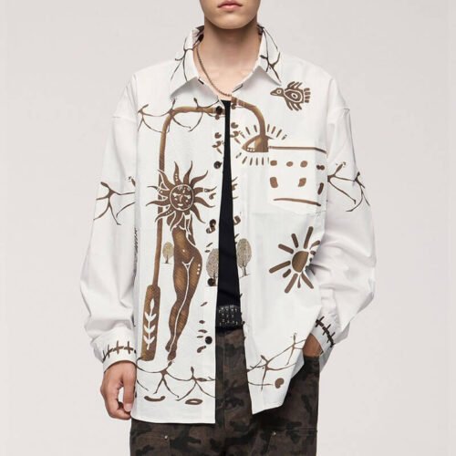 Custom Mural Print Seersucker Long Sleeve Shirt - Style 403807 White long sleeve shirt with custom mural print
