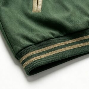 Close-up of a green varsity jacket cuff with gold stripes