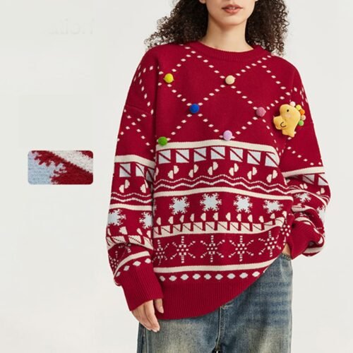Red festive intarsia knit pullover sweater with holiday pattern
