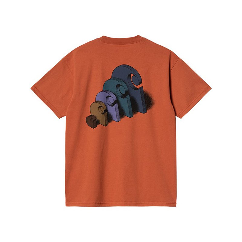 Orange streetwear t-shirt with a stacked 3d graphic on the back.